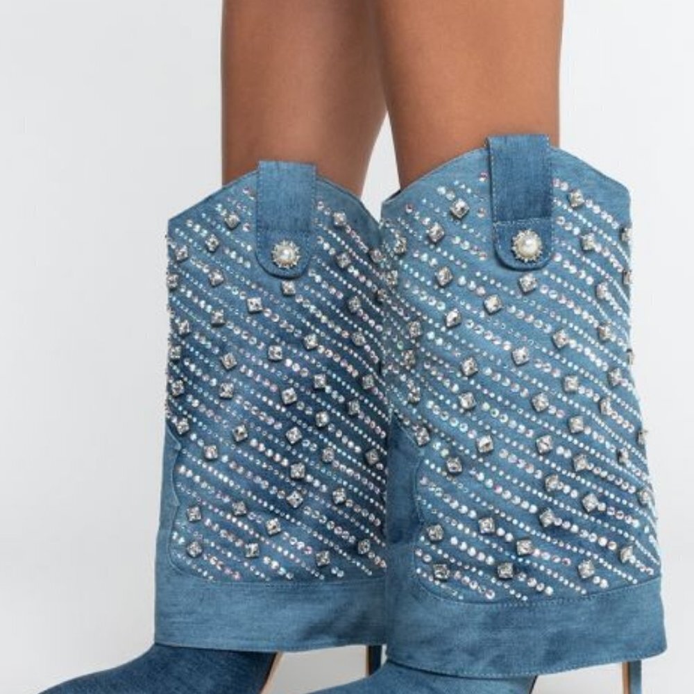AZALEA WANG PLAYING TO WIN RHINESTONE STUDDED DENIM STILETTO BOOTIE ( BRAND NEW - Picture 9 of 13